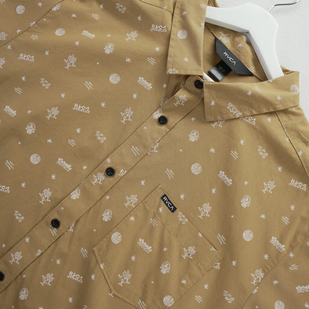 RVCA Men XL Past Present Future Shirt Button Down Tan Short Sleeve Cotton